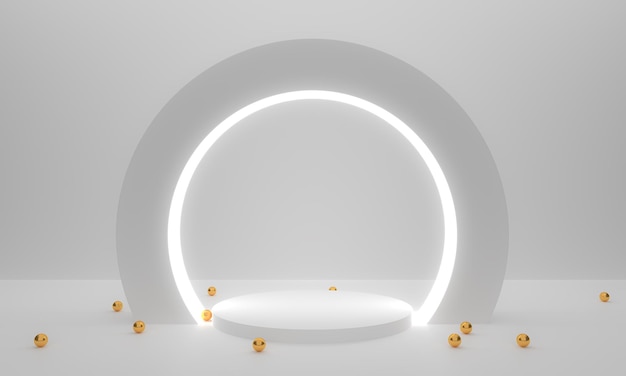 Moderne minimale Szene mit geometrischem Kreis Zylinderkreis Neon auf Podesten in weißem Hintergrund Szenenständer, um Kosmetikprodukt zu zeigen Showcase Shopfront Display 3D-Rendering Kugeln Kugel golden