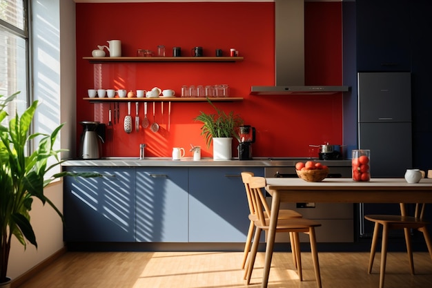 Moderne, minimalistische, extrem weitläufige, offene Küche mit Blau- und Rot-Thema