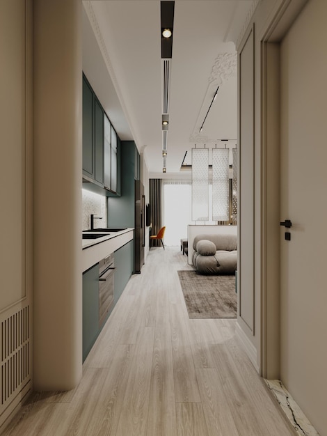 Moderne minimalistische Küche mit grauen und weißen Küchenfronten und Terrazzo-Backsplash-3D-Rendering