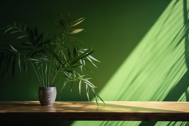 Moderne, minimalistische, leere, mattgrüne Thekentischplatte mit tropischer Pflanze und Kopierraum für Design-KI