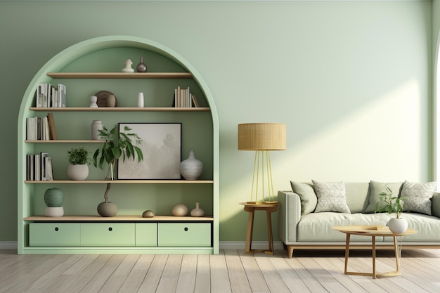 Moderne, mintfarbene Wohnzimmereinrichtung mit Bogen und leerem Poster an der Wand. Hellgrüne Kommode