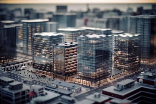 Moderne Modellgebäude im zeitgenössischen Stil mit Tilt-Shift-Effekt, erstellt mit generativer KI