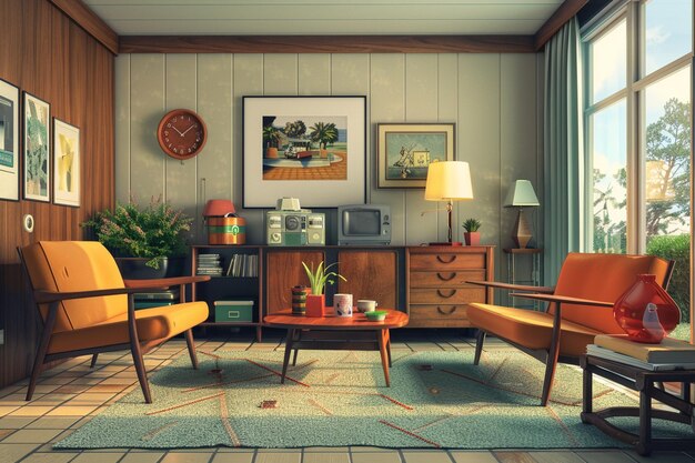 Moderne Möbel aus der Mitte des Jahrhunderts in einem Retro-Wohnzimmer