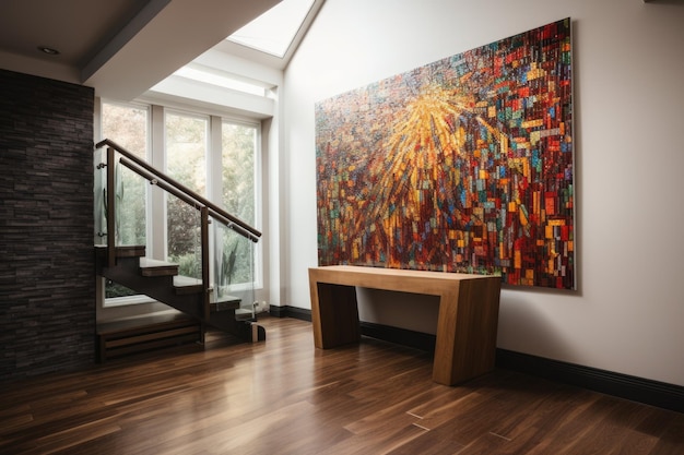 Moderne Mosaik- und Buntglaskunstwerke in einem eleganten, minimalistischen Interieur, erstellt mit generativer KI