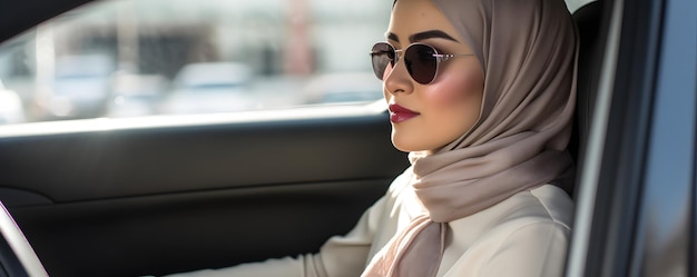 Moderne muslimische Frau im Hijab fährt mit Selbstvertrauen und Stil ein Auto