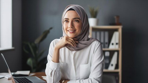 Moderne muslimische Frau im Hijab im Bürozimmer
