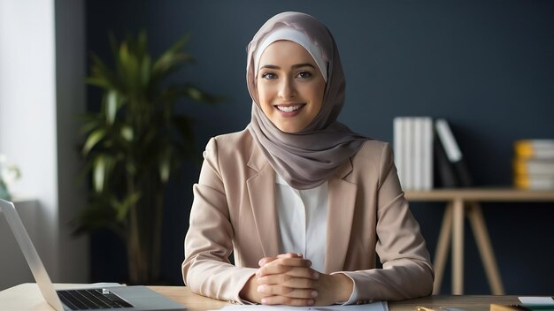 Moderne muslimische Frau im Hijab im Bürozimmer