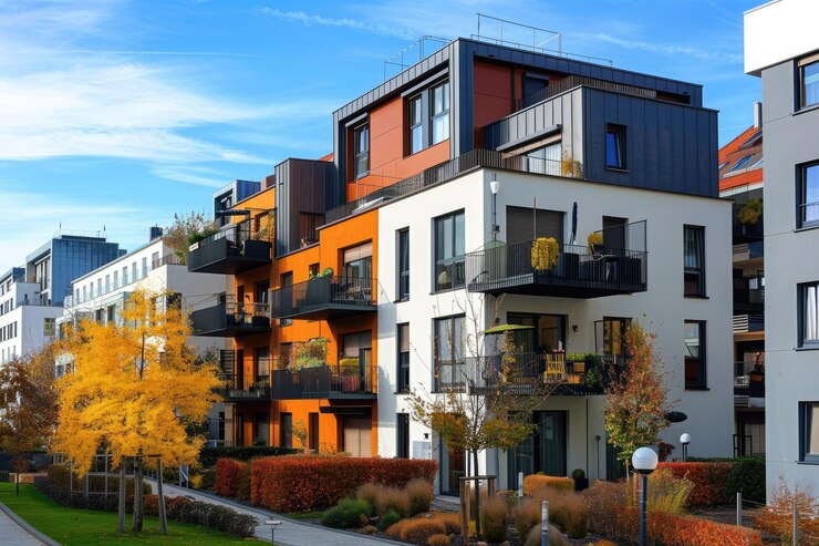 Foto moderne neubau immobilien mehrfamilienhuser in neuer wohnanlage in der stadt