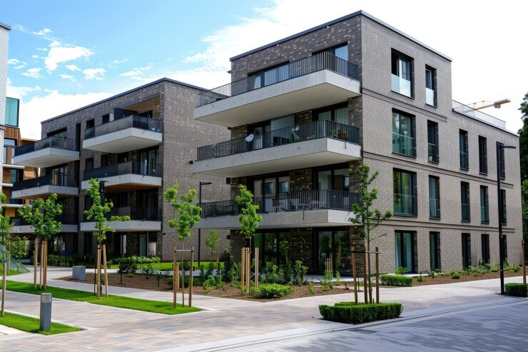 Foto moderne neubau immobilien mehrfamilienhuser in neuer wohnanlage in der stadt
