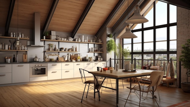 Moderne nordische Küche in Loft-Wohnung 3D-Rendering Generative Ai