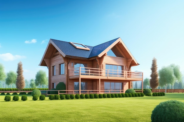 Moderne Öko-Hausvilla aus Holz mit Fassade, luxuriöses großes Haus, Holzhaus mit grünem Rasen, Wassersprinkler, gepflastertem Fußweg und blauem Himmel im Hintergrund. Landschaftsgestaltung, Gartenbewässerung und -pflege