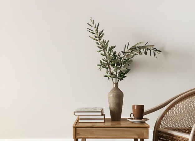 Foto moderne organisch geformte vase mit trockenen blumen, gras, schilf auf alten büchern, tasse kaffee, teehaus