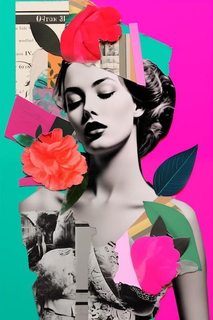 Moderne Papier-Art-Foto-Collage mit Porträt von schönen Frauen, die mit Blumen geschmückt sind