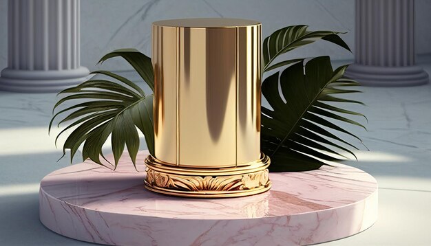 Moderne Podiumsanzeige mit rosa und goldenem Zylinderständer auf Marmorhintergrund