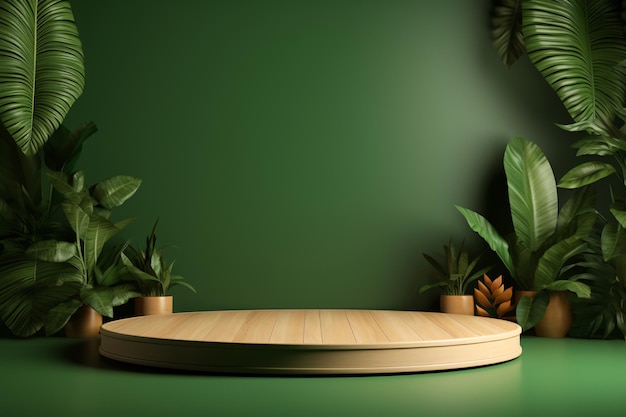 Moderne Produkt-Ausstellung auf einem grünen Pflanzen-Hintergrund mit Baumzweigen Holzrundpodium