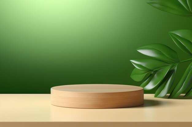 Moderne Produktausstellung mit Holzpodium und grünen Blättern