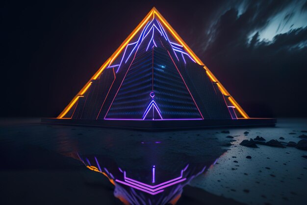 Moderne Pyramide mit Licht in der Nacht Generative KI