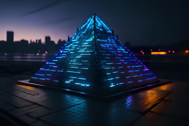 Moderne Pyramide mit Lichtern bei Nacht Generative KI