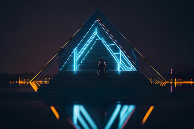 Moderne Pyramide mit Lichtern bei Nacht Generative KI