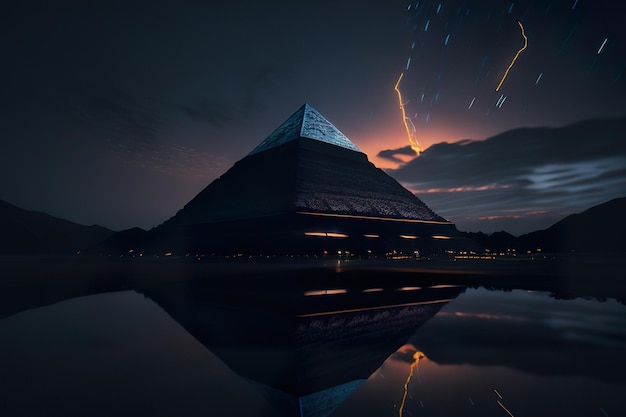 Moderne Pyramide mit Lichtern bei Nacht Generative KI