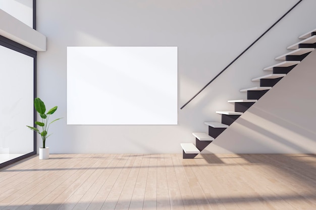 Moderne Räumlichkeiten mit leerem weißen Mock-up-Banner Holz- und Betonbodenwand Treppenfenster mit Blick auf die Stadt Sonnenlicht 3D-Rendering