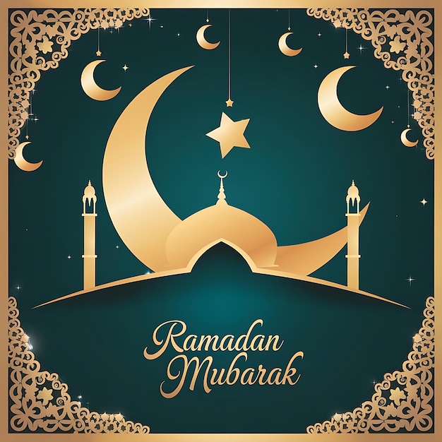 Moderne Ramadan Mubarak Illustration Goldener Halbmond Mond Moschee komplizierte Muster Teal BG