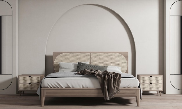Moderne Schlafzimmer-Innenarchitektur und Mock-up-Dekor und Bogenmuster-Wandhintergrund 3D-Rendering