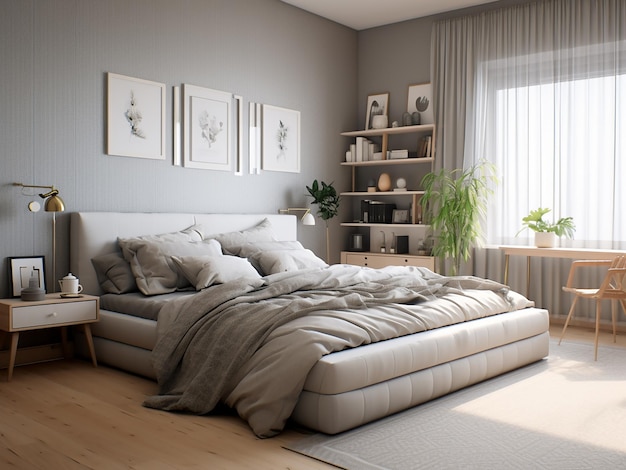 Moderne Schlafzimmer-Interieur mit erfrischenden neutralen Tönen KI generiert