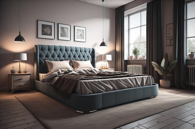 Moderne Schlafzimmer-Interieurgestaltung mit grauen Wänden Holzboden bequemes King-Size-Bett mit zwei Kissen ai generativ