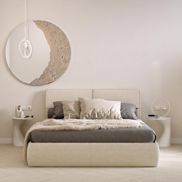 Foto moderne schlafzimmereinrichtung in beigetönen mit grauer tagesdecke und kissen 3d-rendering