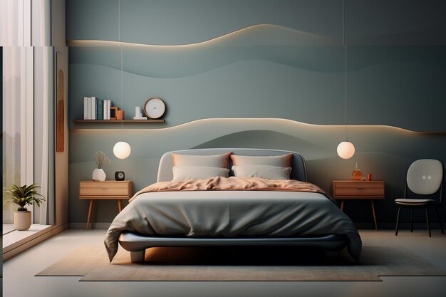 Moderne Schlafzimmereinrichtung mit leerer Wand für Kopierraum. Hochwertiges Foto