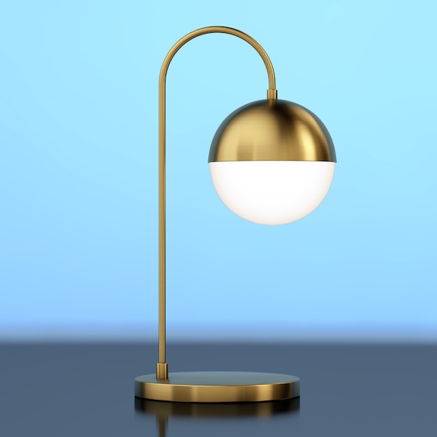 Moderne Schreibtischlampe aus Metallbronze auf blauem Grund. 3D-Rendering