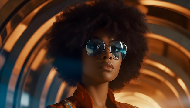 Moderne schwarze Frau mit Afro-Haaren und glitzernder Kleidung in futuristischer Sonnenbrille im Nachtclub, umgeben von Lichtern der Generative AI