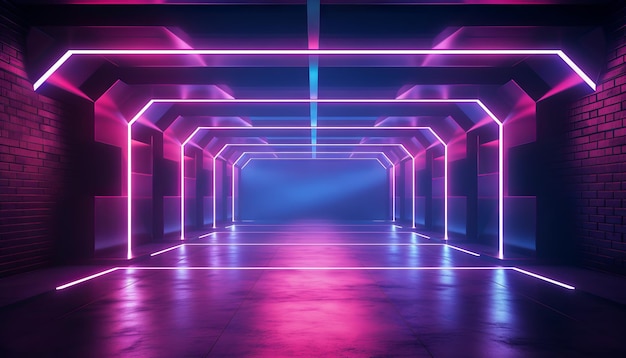 Moderne Sci-Fi-elegante Retro-Club-Bühne, leuchtend blau, rosa, lila Rahmen, helles Rechteck im dunklen, leeren Grunge