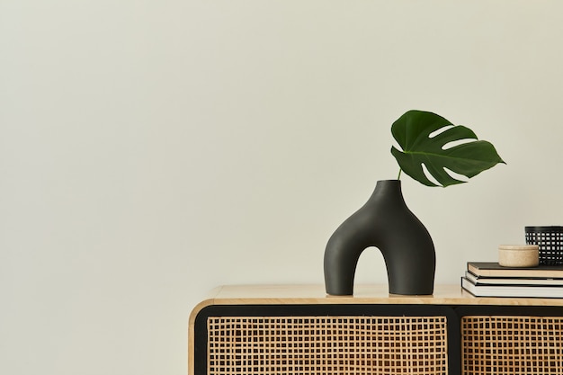 Moderne skandinavische Inneneinrichtung mit Design-Holzkommode, tropischem Blatt in Vase, Büchern und persönlichen Accessoires in stilvoller Wohnkultur. Kopieren Sie Platz. Weisse Wände.