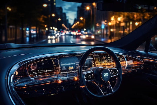 Moderne Smart-Car-Technologie, intelligentes System mit Heads-up-Display, HUD, autonomes Fahrzeug im Selbstfahrmodus auf der Stadtstraße mit grafischem Sensor, Radarsignalsystem, intelligentes Auto erzeugt KI
