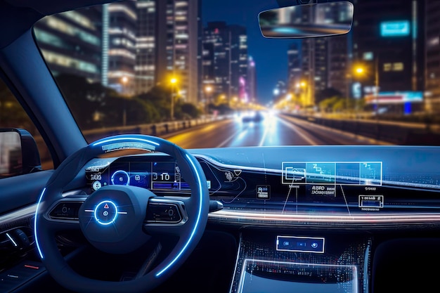 Moderne Smart-Car-Technologie Intelligentes System mit Heads-up-Display HUD Autonomes selbstfahrendes Fahrzeug auf städtischen Straßen mit Grafiksensor Radarsignalsystem intelligentes Auto