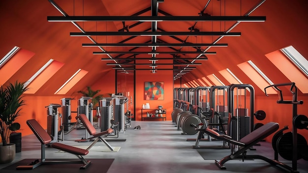 Moderne Sport- und Fitnessstätte im orangefarbenen Loft