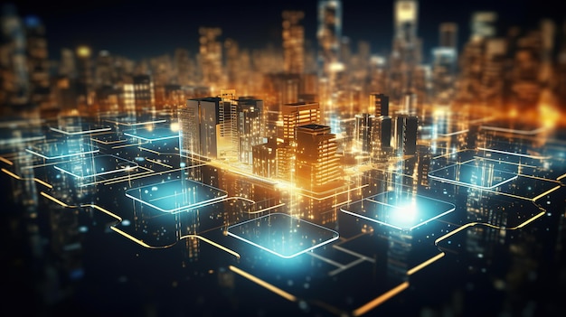 Moderne Stadt mit drahtloser Netzwerkverbindung und Dateninnovationskonzept für Kommunikationstechnologie