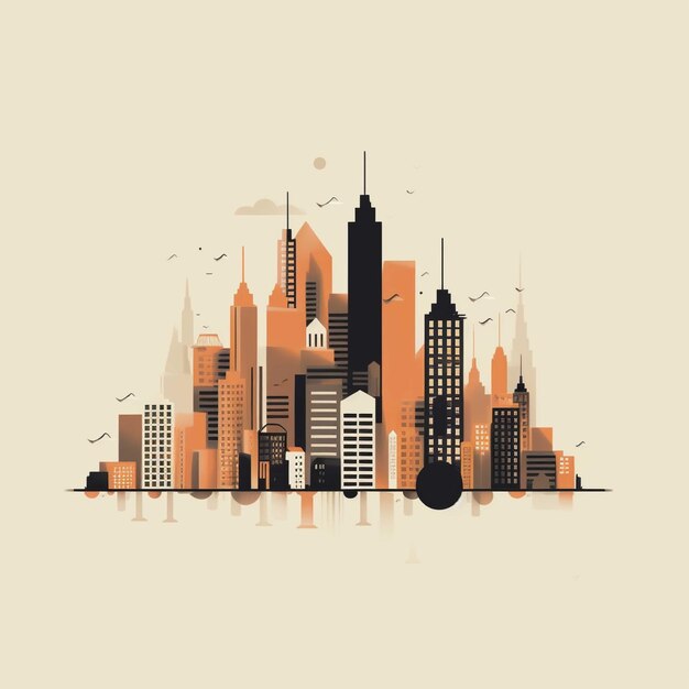 Moderne Stadt-Skyline mit Wolkenkratzern, Gebäuden und Vögeln Vektorillustration