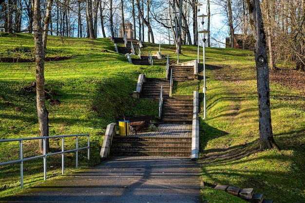 Moderne Steintreppe auf mehreren Ebenen im Park