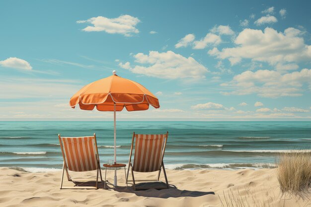 Moderne Strandstühle mit Regenschirm auf einem Sand Ozean Strand extreme Nahaufnahme Generative KI