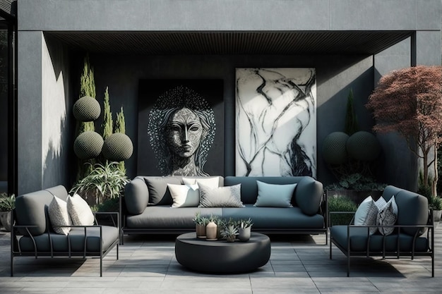 Moderne Terrasse mit grauem Sofa und gepolsterten Sesseln mit Kissen in Schwarztönen erstellt mit generativ