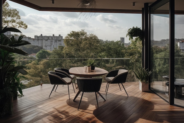 Moderne Terrasse mit Lounge und Stadtblick generative IA