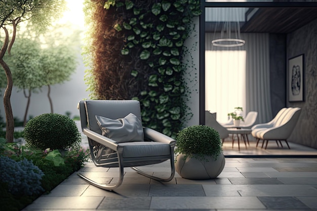Moderne Terrasse mit luxuriösem Innendesign und bequemem Sessel, der mit generativer KI erstellt wurde