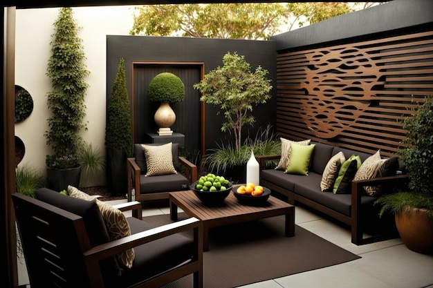 Moderne Terrasse mit modernen Outdoor-Möbeln aus dunklem Holzmaterial, die mit generativer KI erstellt wurden