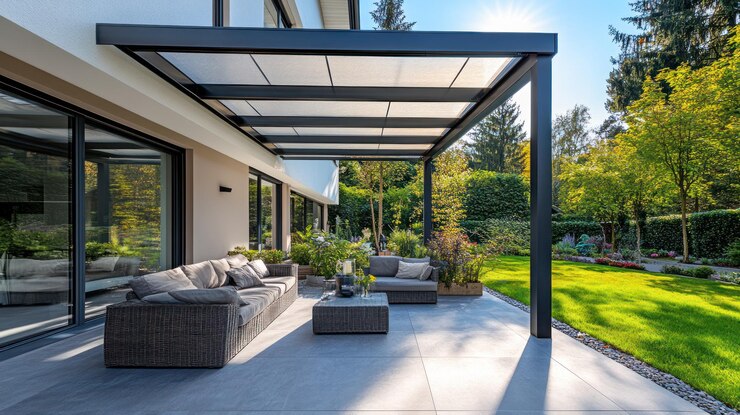 Moderne Terrasse mit Pergola-Möbeln und üppigem Garten
