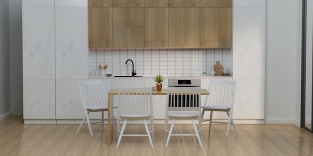 Moderne und gemütliche, helle Küche mit Esszimmer mit Holz- und Marmordekor, 3D-Renderdarstellung