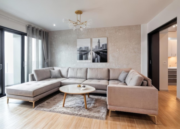 Moderne und luxuriöse Wohnzimmer-Interieurgestaltung mit modernem Sofa und Hausmöbeln