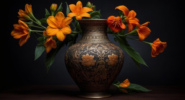 Moderne Vase mit Blumen auf schwarzem Hintergrund